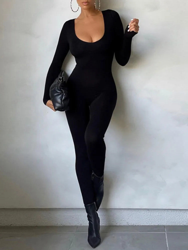 Women's Black Long Sleeve Bodycon Jumpsuit Slim Fit Sexy Solid Romper Casual Sporty Skinny Streetwear for Autumn Winter