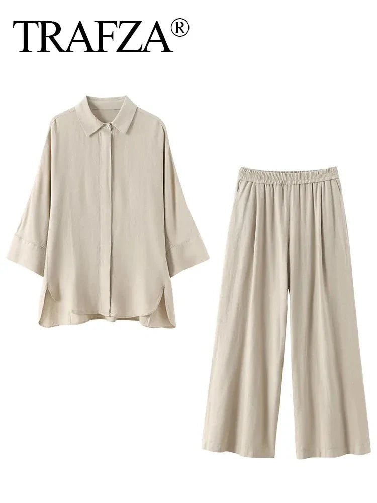 Casual Women's Solid Pant Set with Long Sleeve Blouse and Elastic Waist Trousers Fashion Streetwear Outfit