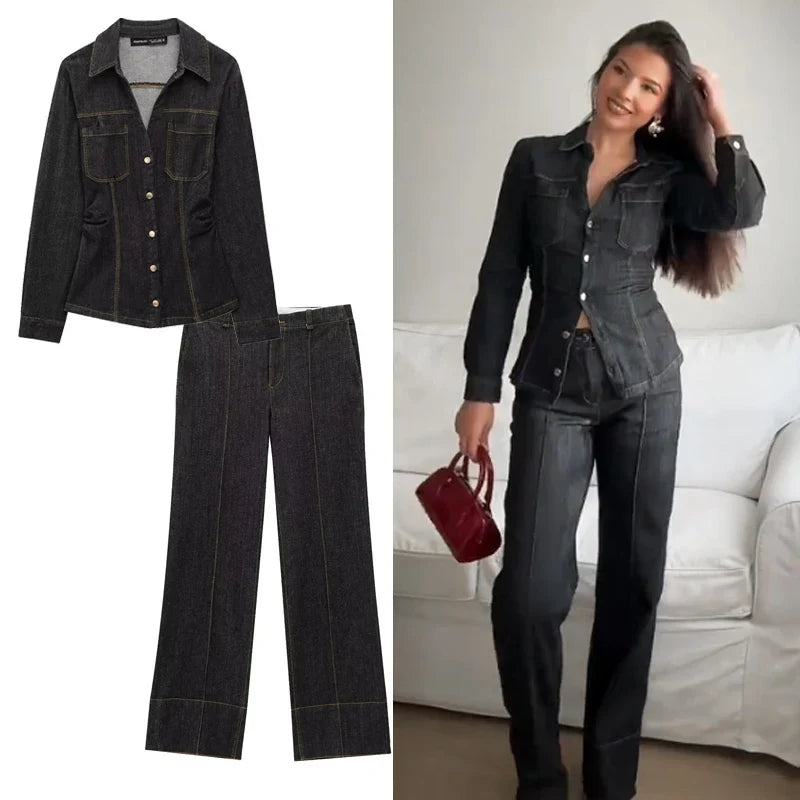 Women's Denim Pants Set 2 Piece Outfit with Long Sleeve Tops and Wide Leg Trousers for Casual Elegance