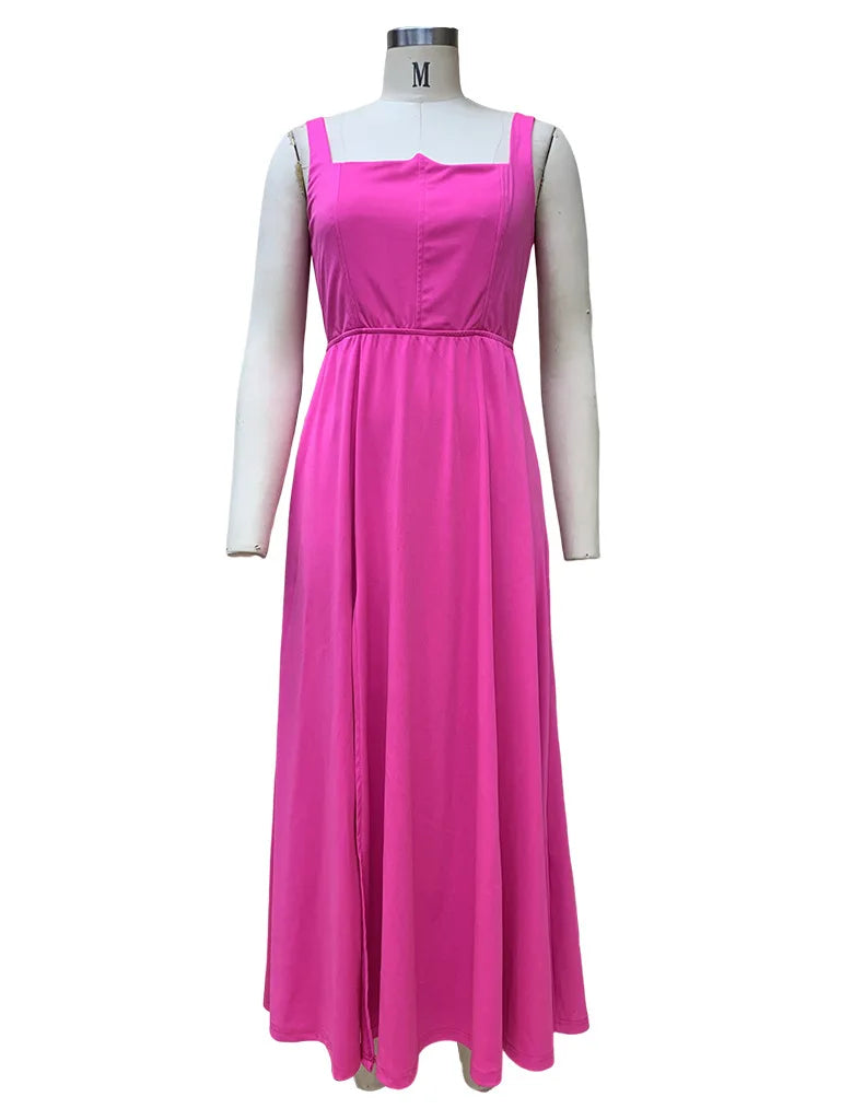 Spaghetti Strap Midi Dress With Side Slit And High Waist