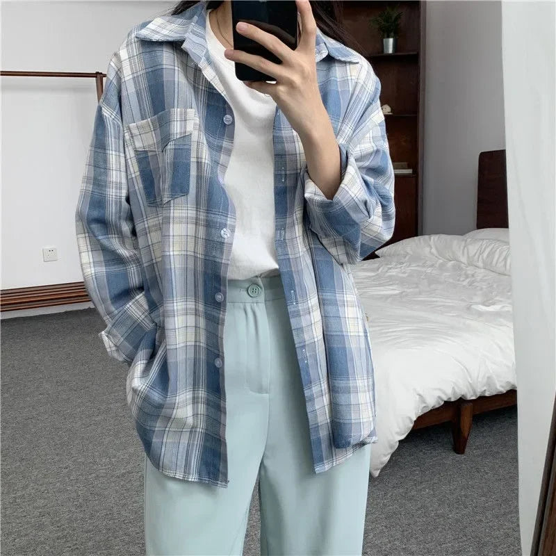 Casual Long Sleeve Plaid Blouse Mid Length Loose Fit Turn Down Collar Shirt for Women Autumn Winter Fashion Top