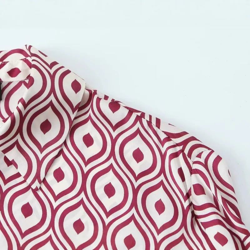 Women's Geometric Print Satin Effect Shirt with Lapel Collar Long Sleeve Single Breasted Slim Fit Chic Top for Spring and Summer