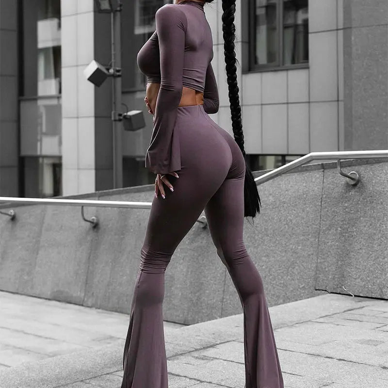 Autumn Winter Women's Casual Two Piece Set with High Collar Long Sleeve Top and Slim Fit Trousers