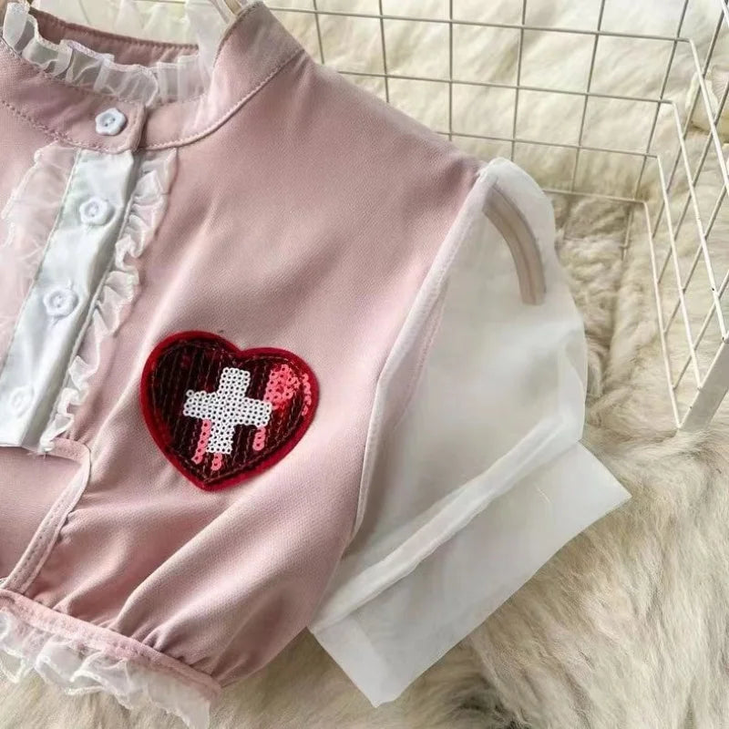 Sexy Nurse Cosplay Uniform Two-Piece Set with High Waisted Ruffled Skirt and Bubble Sleeve Short Top Cute and Flirty Costume