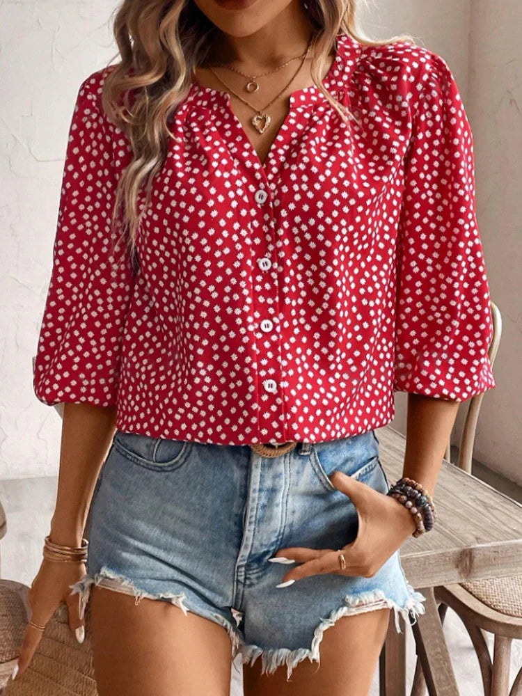 Women's Vacation V-Neck Button-Up Mid-Sleeve Shirt with Open Gap and Single Row Buttons Casual Summer Top