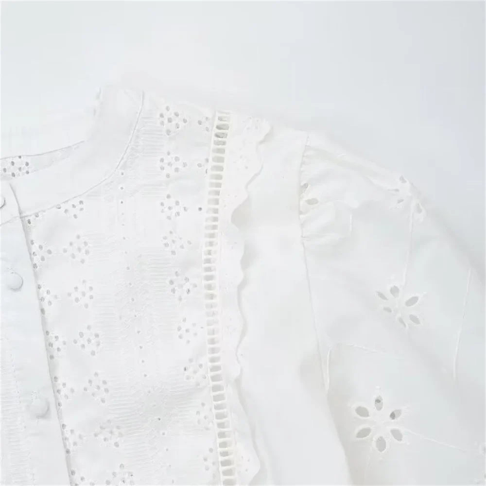 Women's Single Breasted Round Neck Lantern Sleeve Embroidered Hollow Shirt with Elegant Design and Slimming Fit