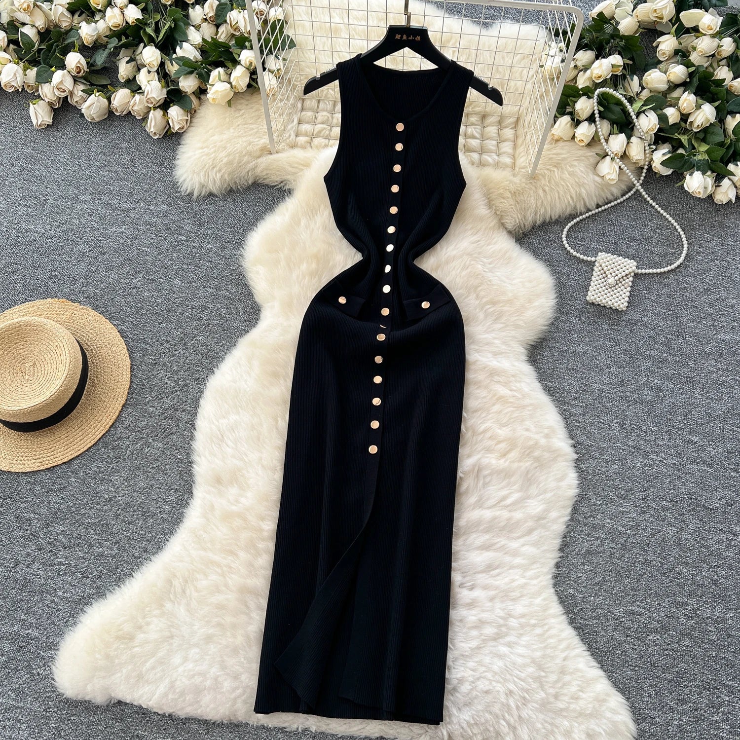 Elegant Solid Knitted O Neck Sleeveless Midi Dress Buttons