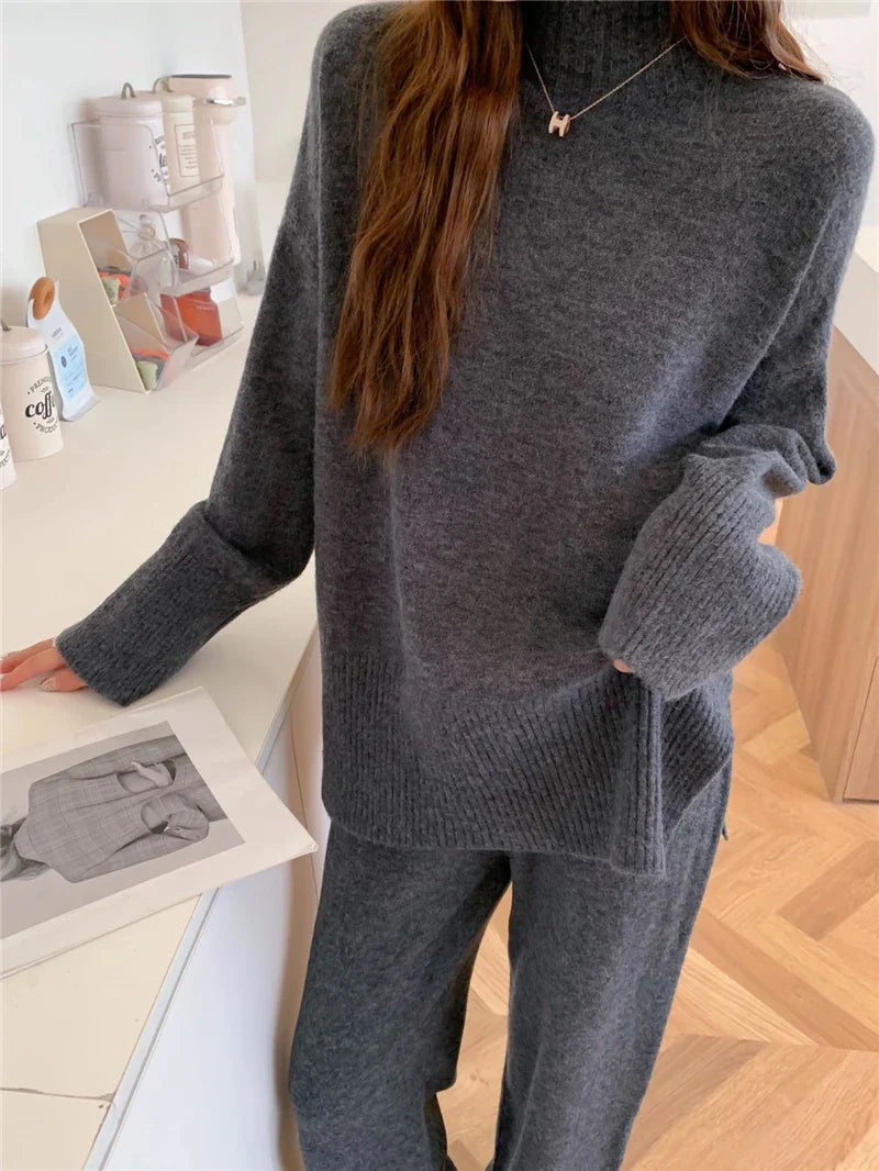 Cozy Split Knit Sweater and Casual Pants Two-Piece Set for Women Soft Solid Color Autumn Winter Outfit
