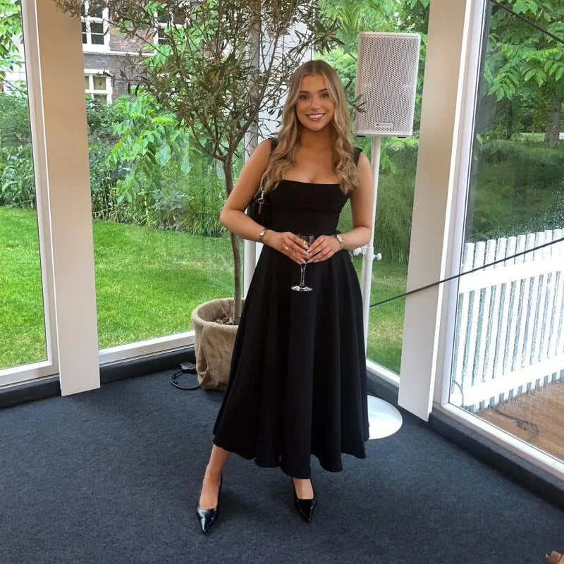 Solid Square Neck Sleeveless Suspender Dress For Women Long