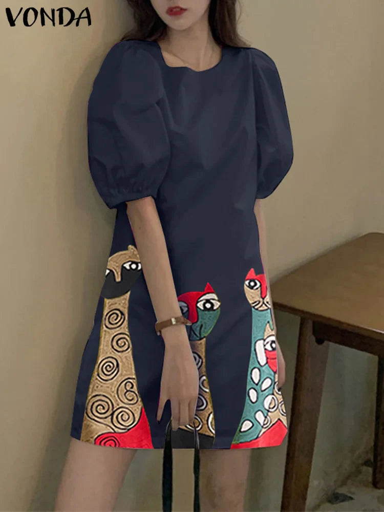 Bohemian Printed Sundress With Short Sleeves Round Neck