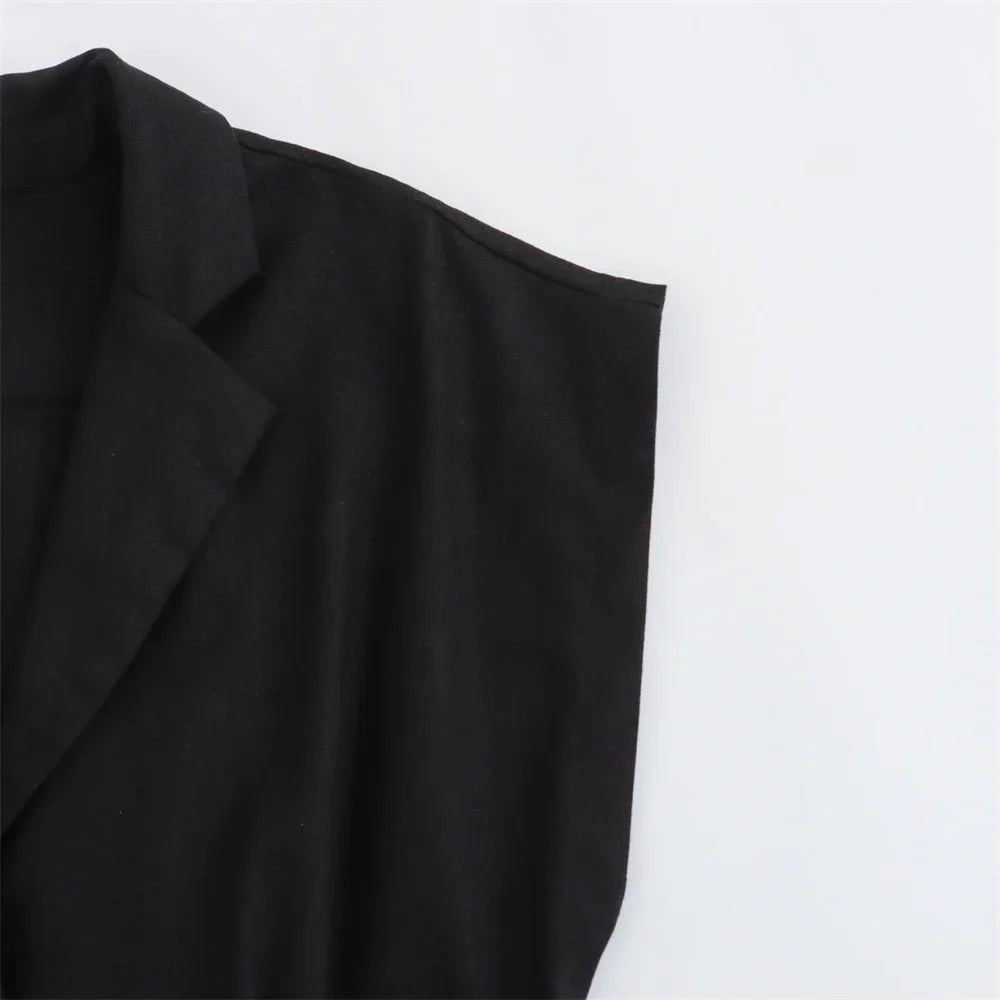 Elegant Linen Blend Belted Midi Dress Sleeveless Women