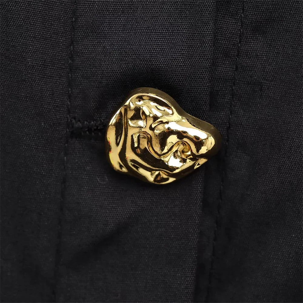 Solid Color Casual Collar Long Sleeve Poplin Shirt for Women with Gold Buckle Accent and Loose Fit