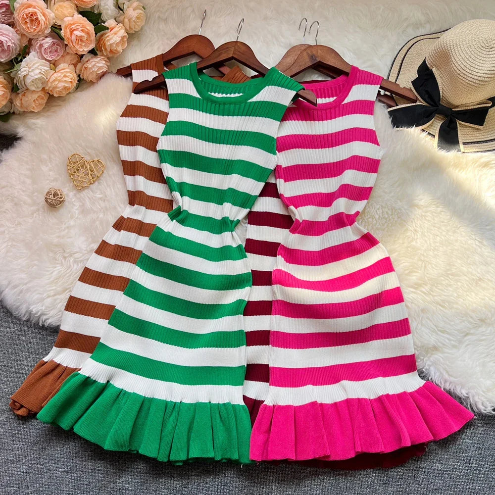 Ruffled Striped Knit Mini Dress For Summer Party Look