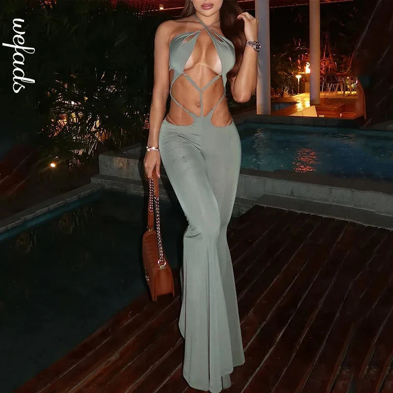 Stylish Women's Sleeveless Halter Neck Jumpsuit with Hollow Out Back and Nipped Waist Skinny Flare Pants Romper