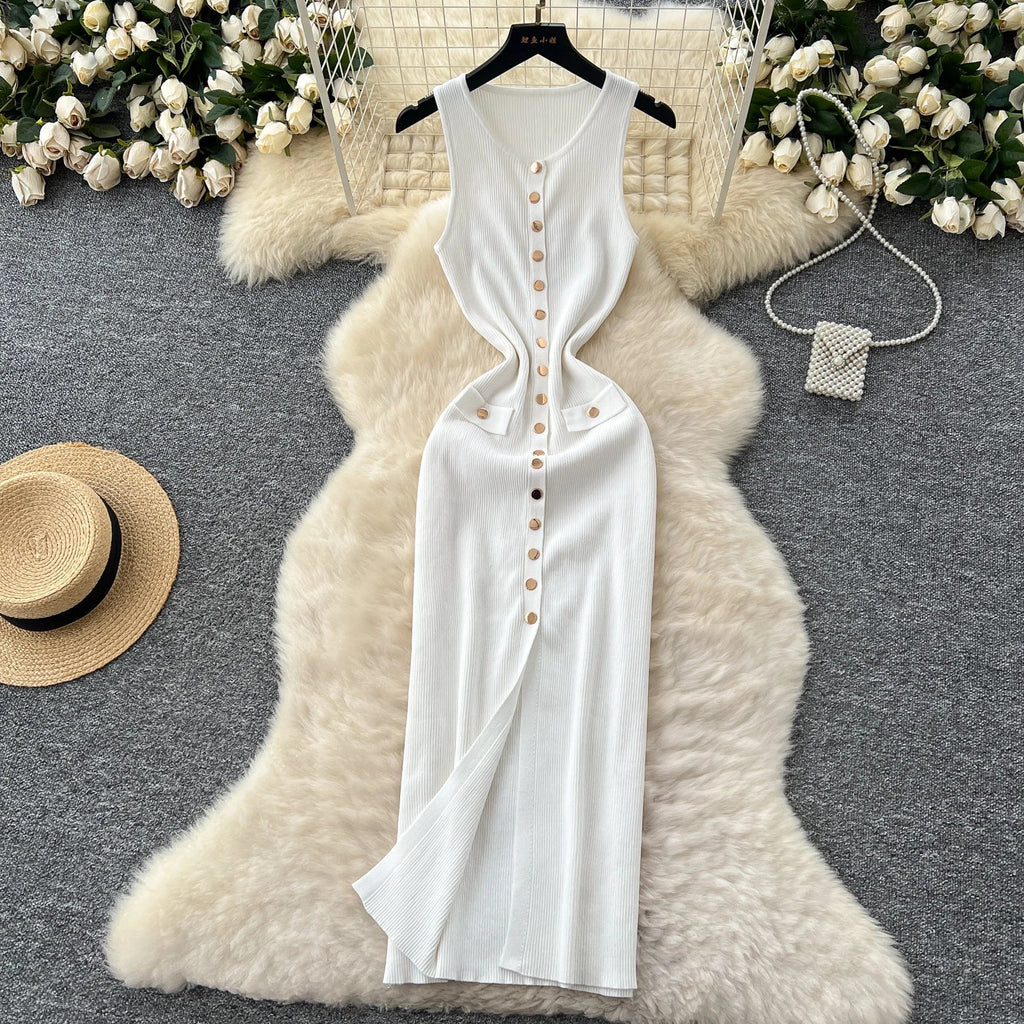 Elegant Solid Knitted O Neck Sleeveless Midi Dress Buttons