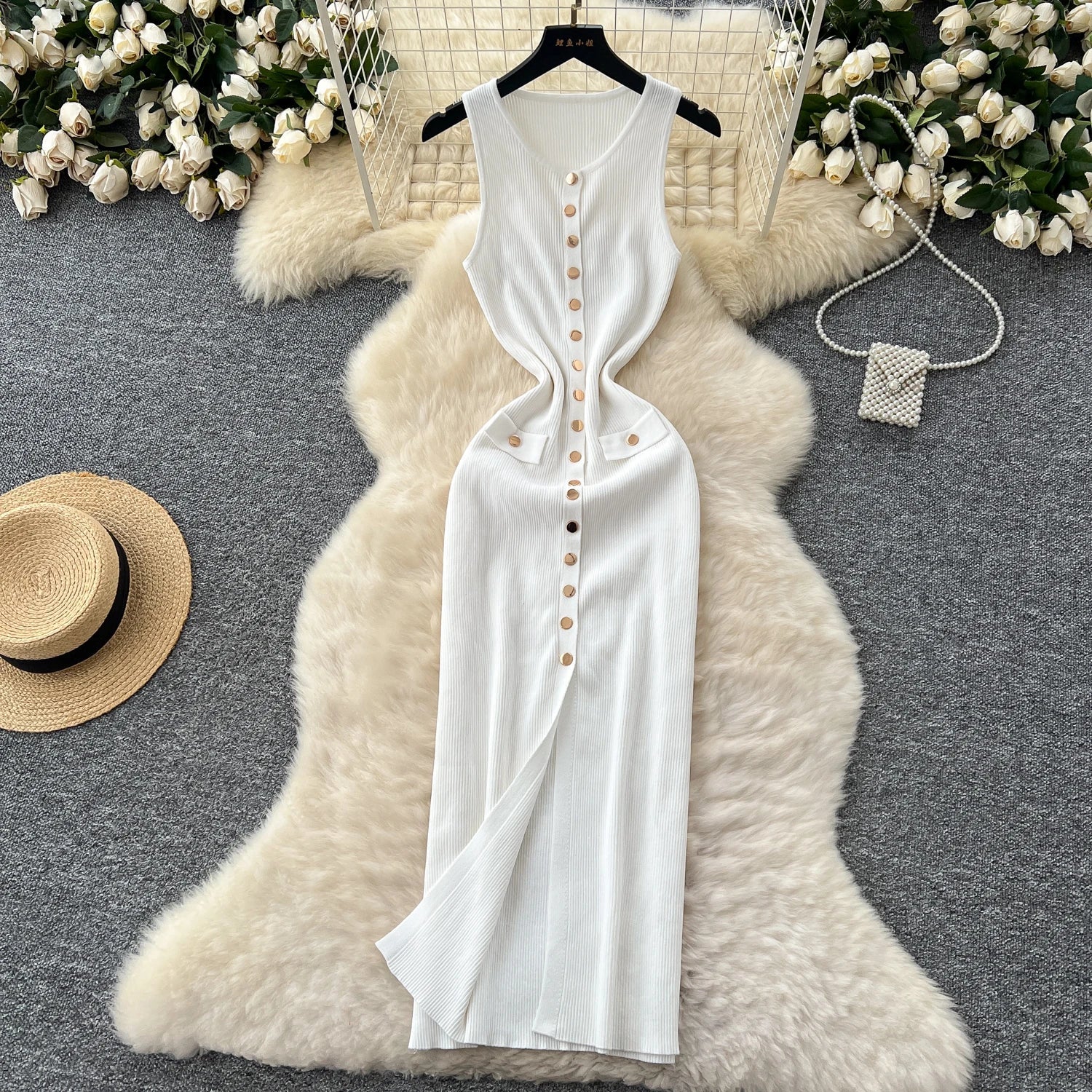 Elegant Solid Knitted O Neck Sleeveless Midi Dress Buttons