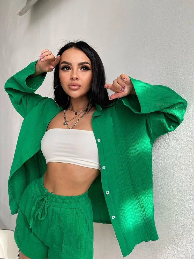 Colorful Plus Size Loose Fit Candy Color Two Piece Set with Blouse and Wide Leg Shorts for Summer and Spring