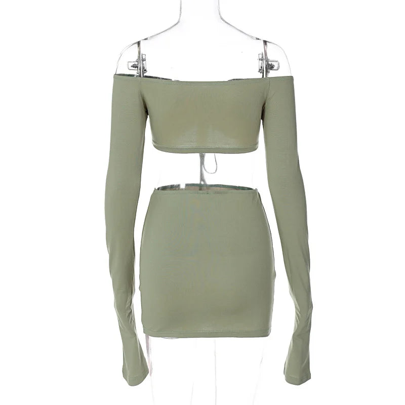 Women's Two-Piece Long Sleeve Drawstring Crop Top and Mini Skirt Bodycon Matching Set Sexy Clubwear