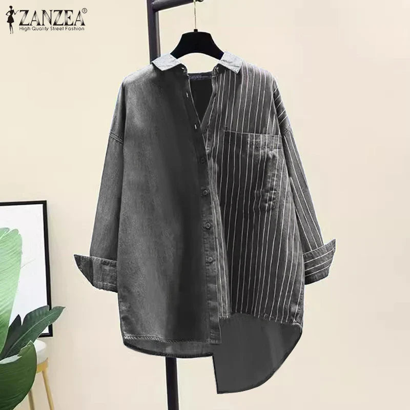 Women's Striped Patchwork Long Sleeve Shirt Casual Loose Blouse with Front Pocket and Shirt Collar Oversized Work and Everyday Wear Top