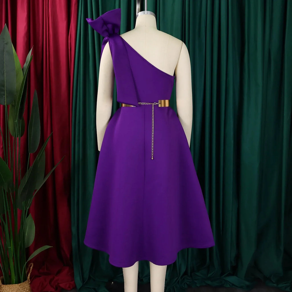 One Shoulder Bow Dress A Line Pleated Mid Calf Party Dress