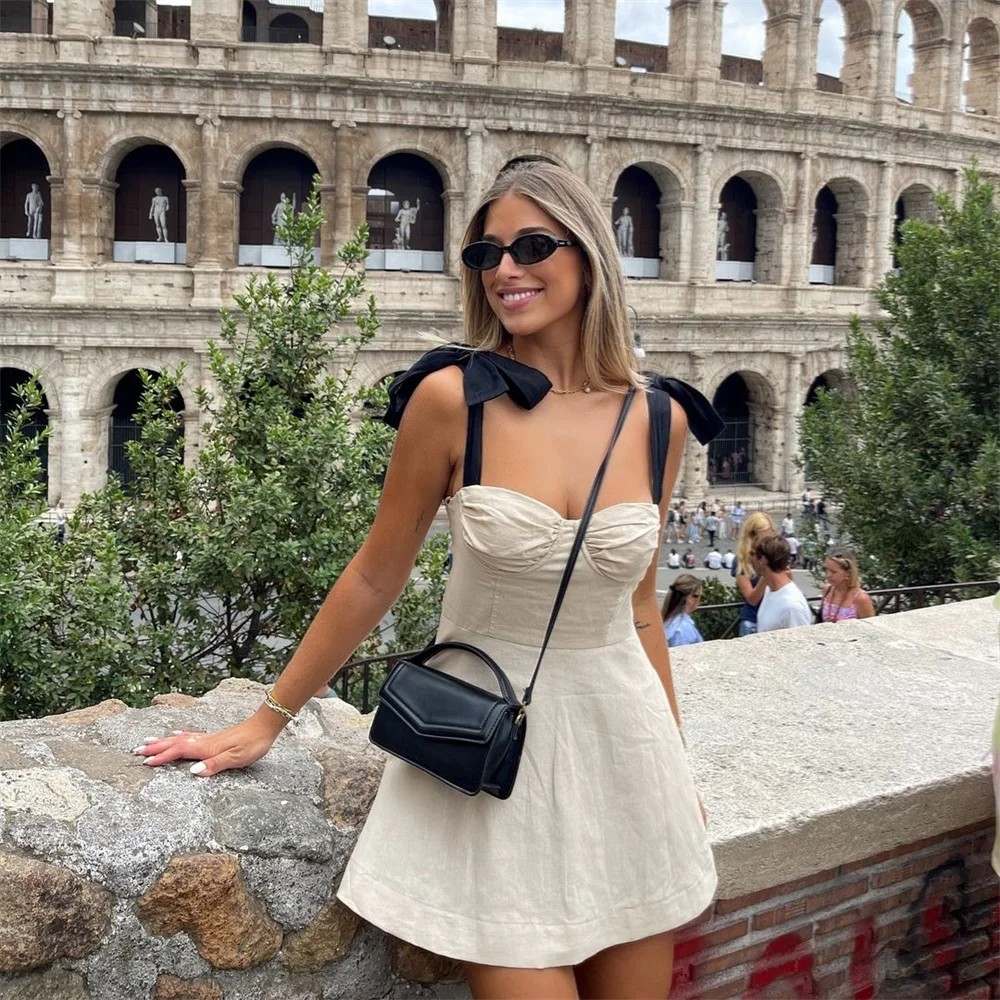 Slim Fit Linen Blend Mini Dress With Bow Decoration