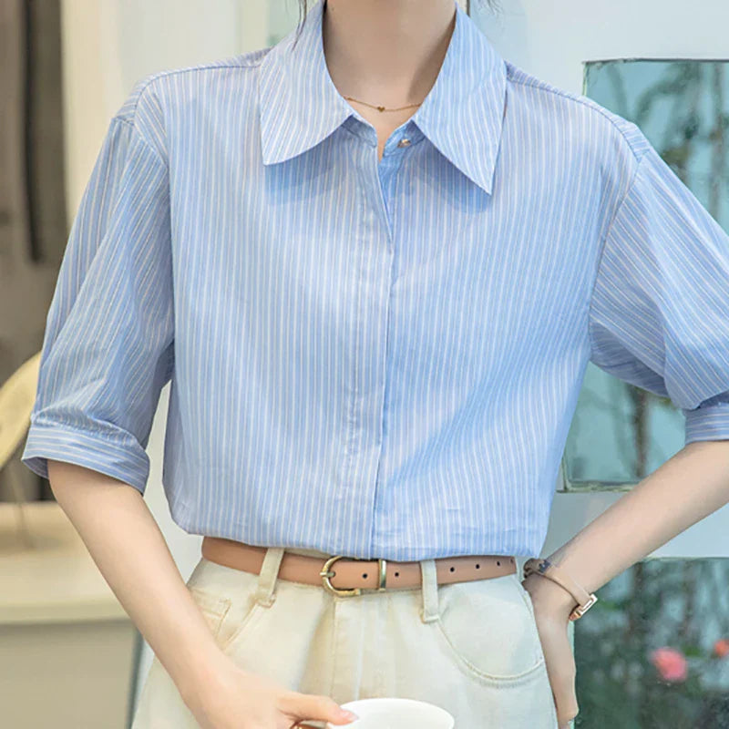 Women Casual Blue Stripe Short Sleeve Polo Collar Shirt Elegant Loose Office Blouse Single Breasted Summer Chic Top