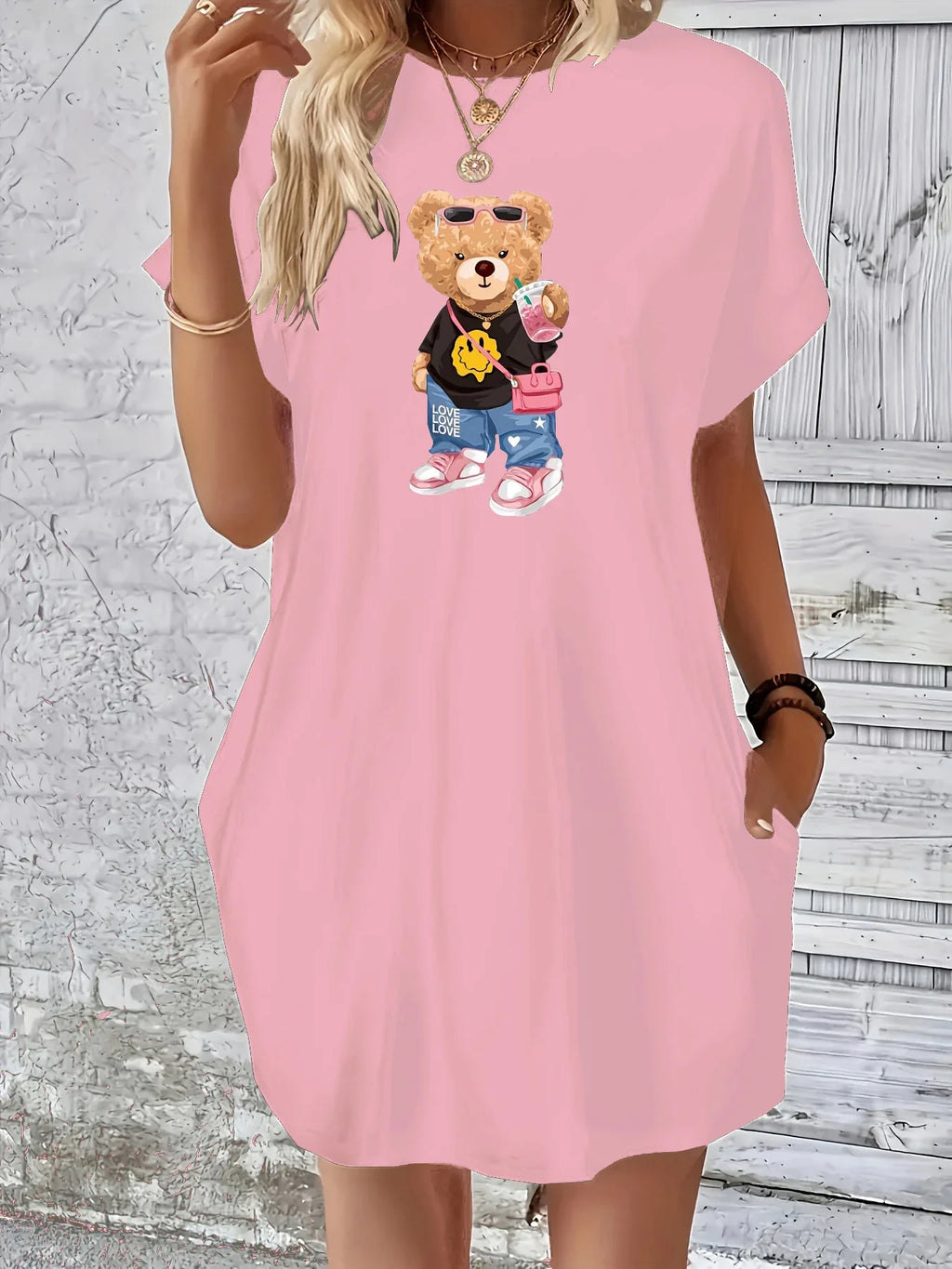 Plus Size Women's Summer Round Neck Bear Print Dress