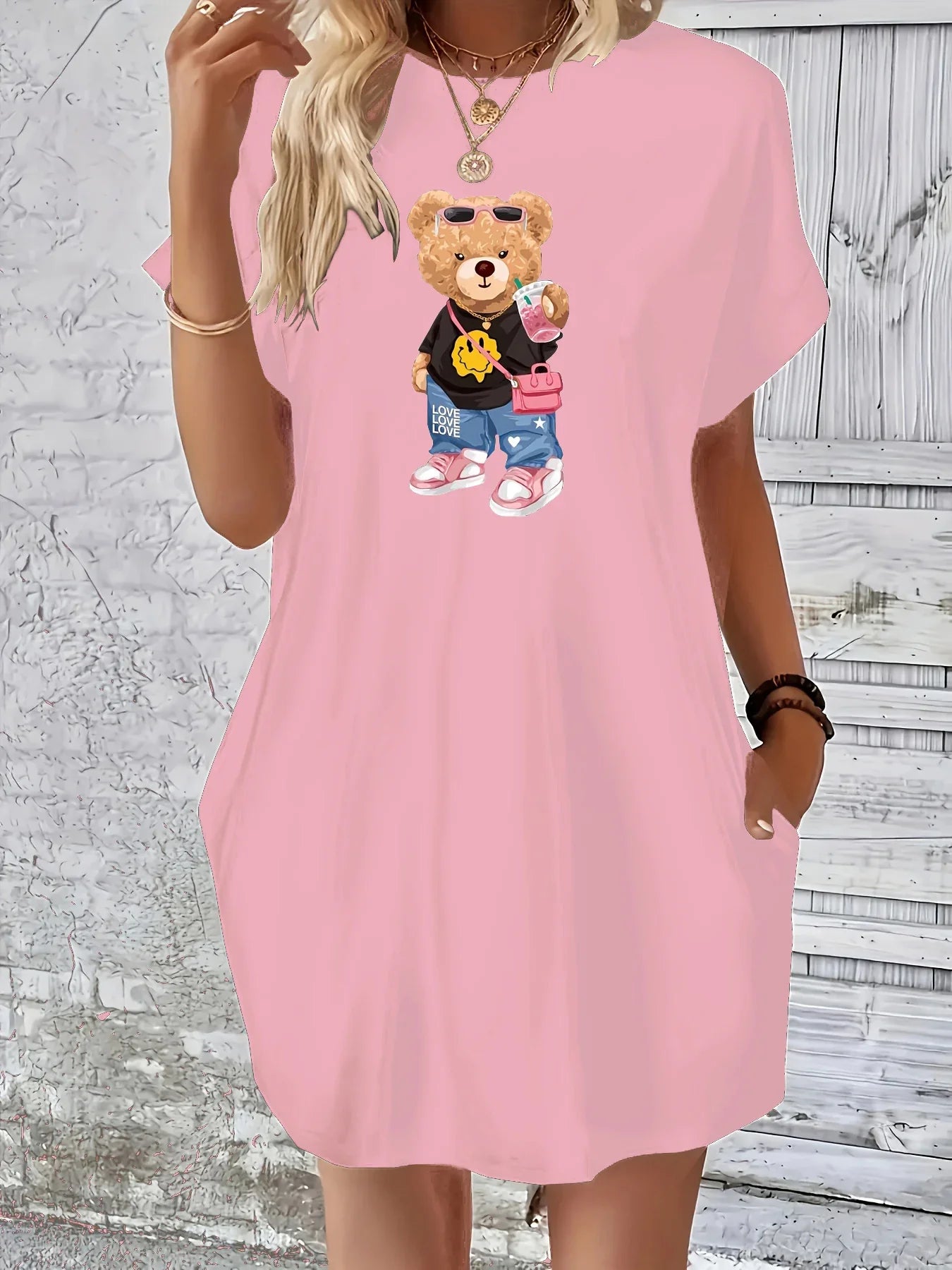 Plus Size Women's Summer Round Neck Bear Print Dress