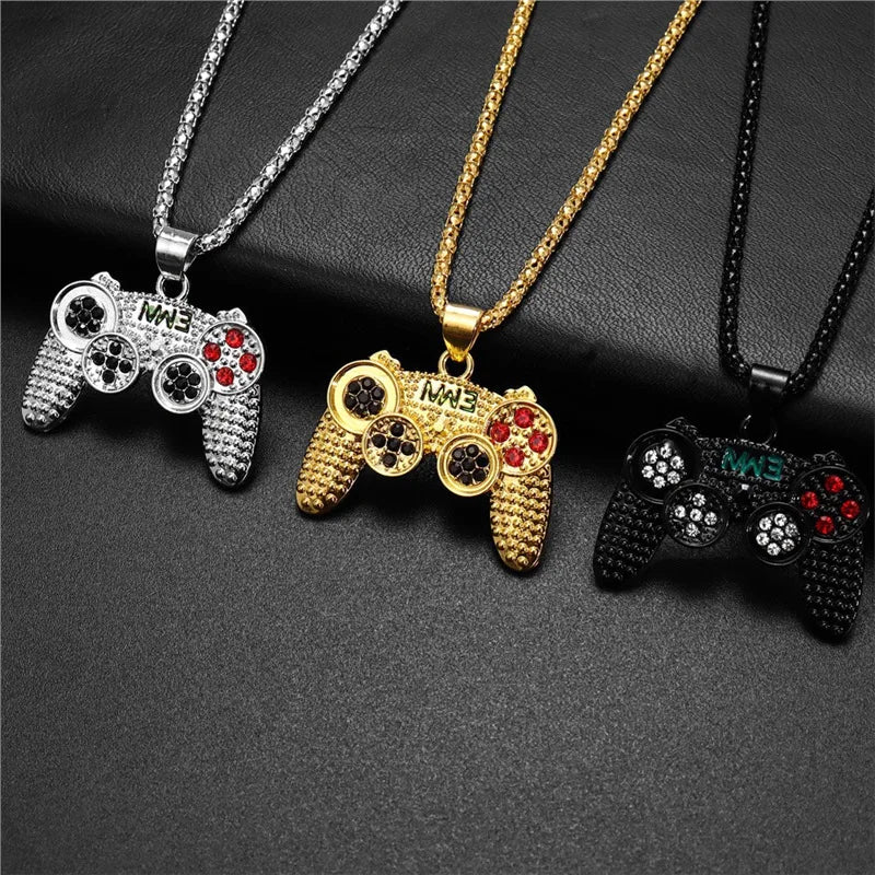 Trendy Gamepad Lightning Stainless Steel Necklace for Women and Men in Gold Color with Crystal Embellishments