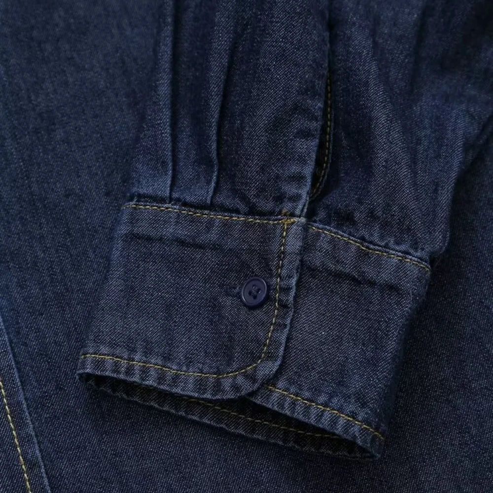 Women's Retro Long Sleeve Denim Shirt with French Bow Lapel Single Breasted Pocket Casual Cardigan for Fall and Winter Fashion