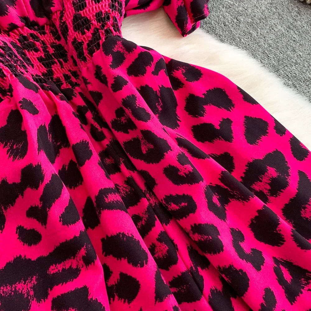 Women's Summer V-Neck Leopard Print Lace-Up Jumpsuit Short Sleeve Loose Fit Playsuit Overalls with Elegant Ruffle Detail