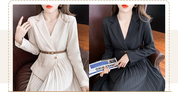 Faux Two Piece Dress With Blazer Collar Pleated Skirt