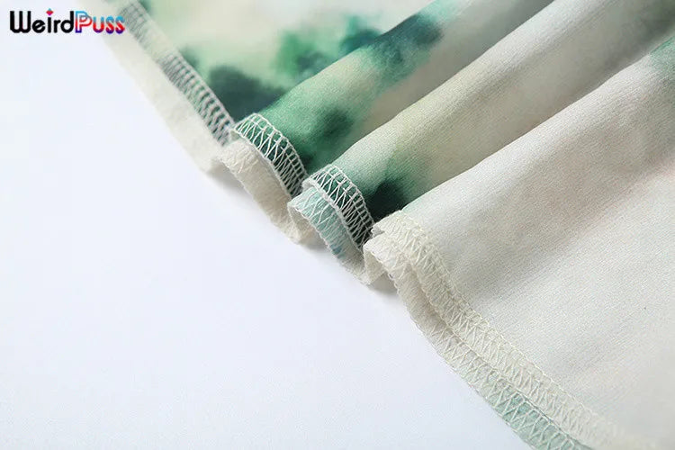 Backless Halter Bandage Tank Top and Mesh Ruffles Tie-Dye Skirt Two-Piece Summer Set for Women