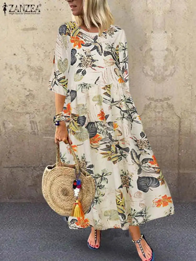 Boho Floral Sundress For Women With Three Quarter Sleeves