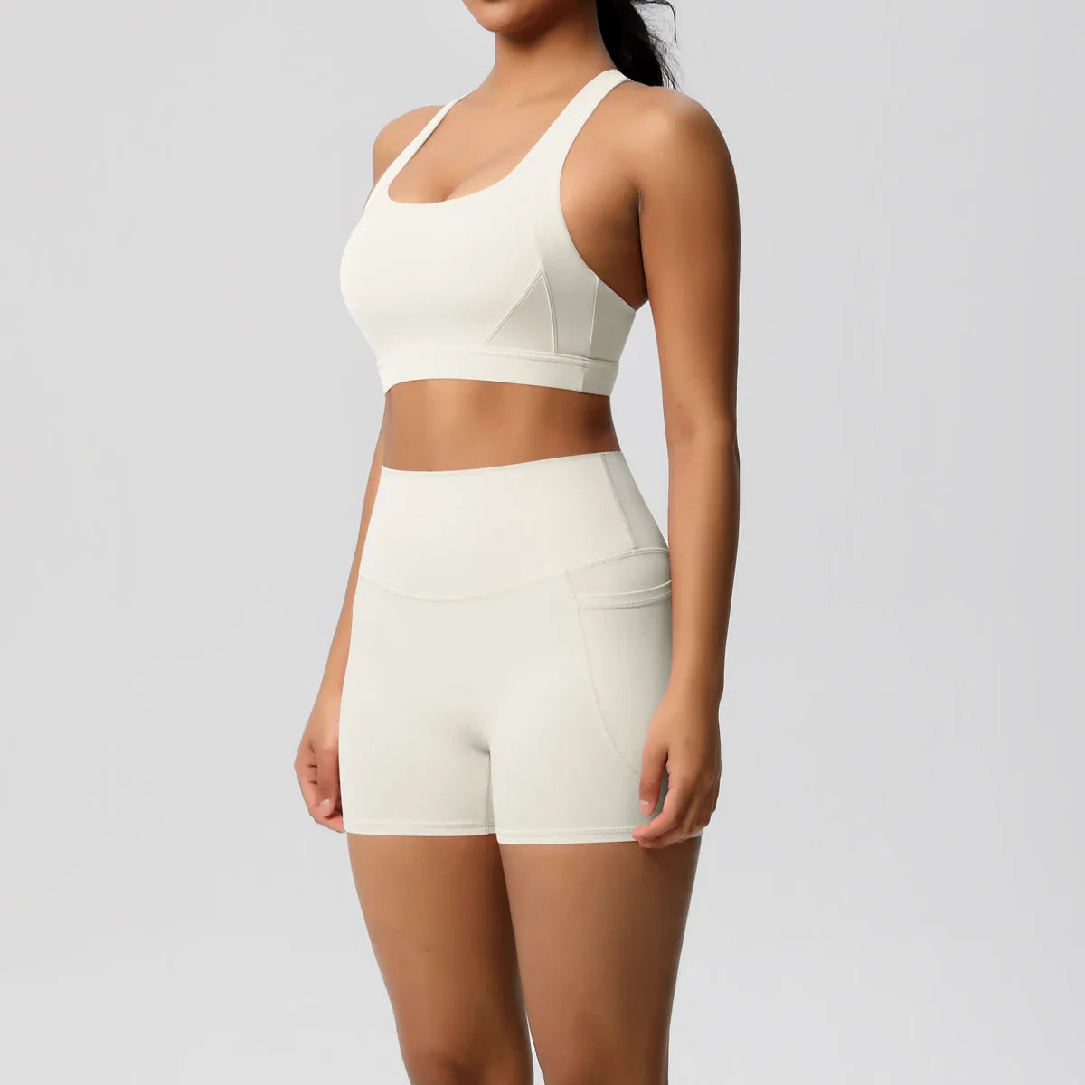 2PCS Pocketed Yoga Set for Women with Crossover Bra and Gym Leggings Workout Tracksuit Sports Shorts Activewear