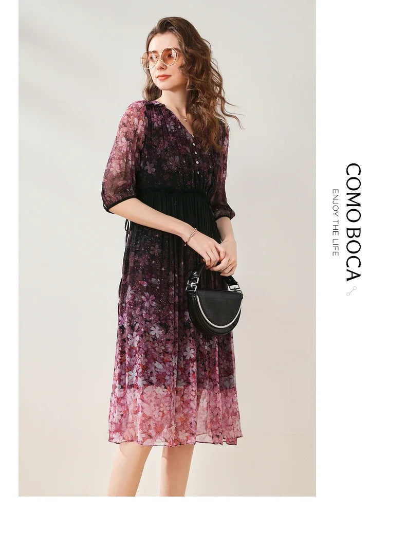 Purple Floral Chiffon Dress With V Neck And Lantern Sleeves