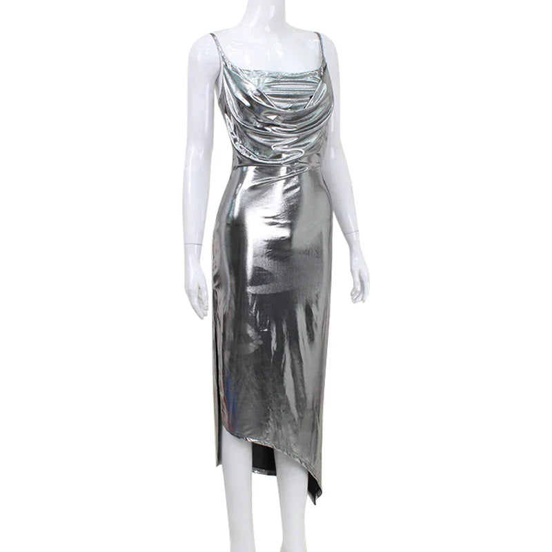 Silver Spaghetti Strap Backless Clubwear Dress High Split