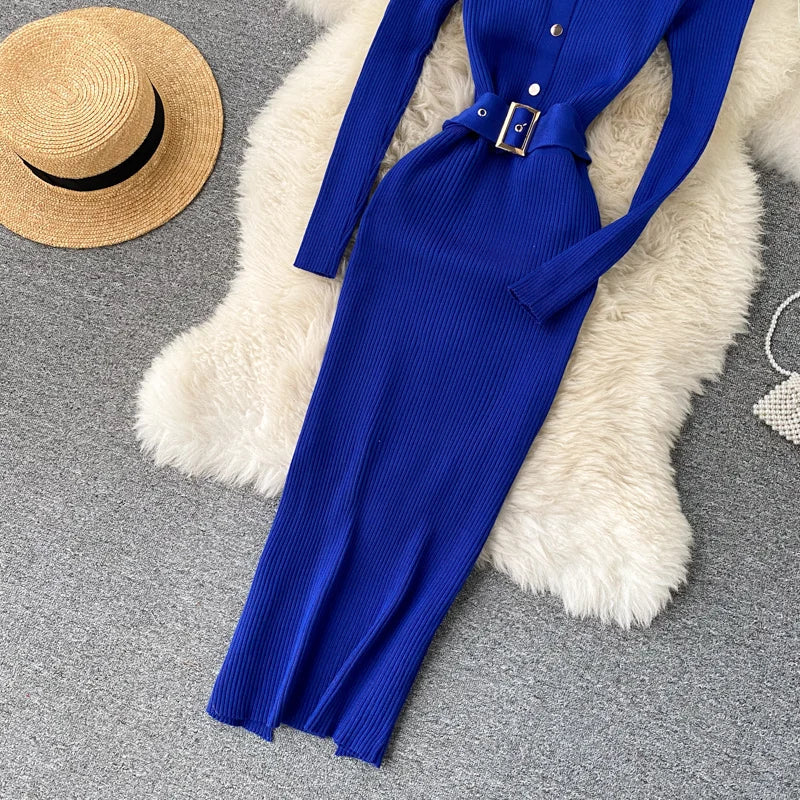 Womens Winter Knitted Dress Stand Collar With Sash Belt