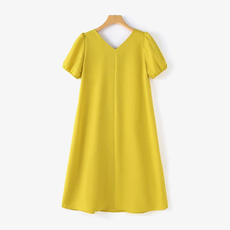 V Neck Puff Sleeve Midi Dress Solid Color Casual Wear