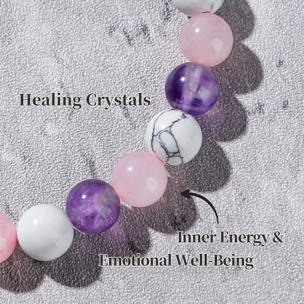 Fashionable Aura Balancing Sleep Bracelet with Natural Stones - White Turquoise, Amethyst and Rose Quartz 8mm
