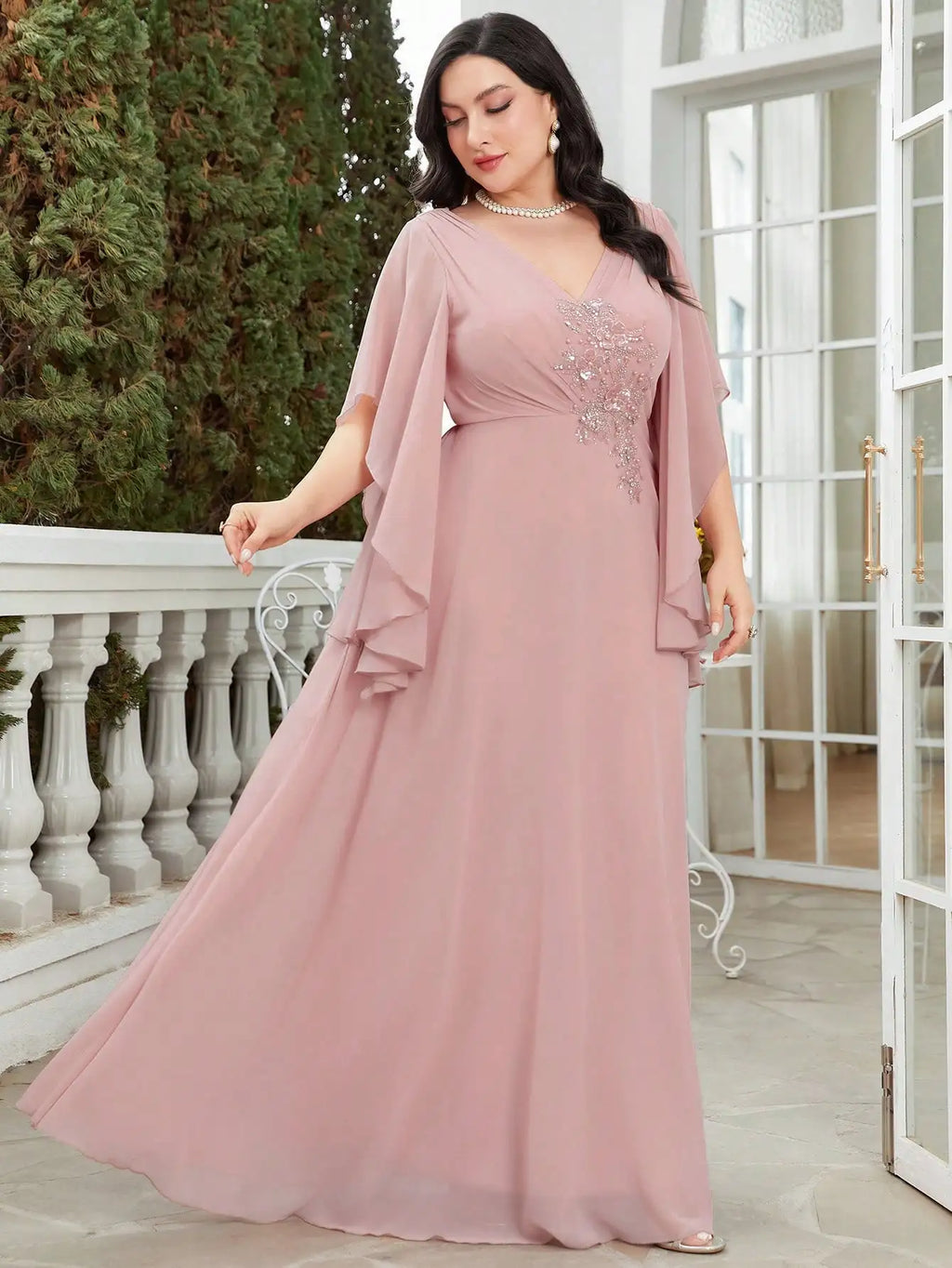 Dusty Pink Chiffon Bridesmaid Dress With Rhinestones