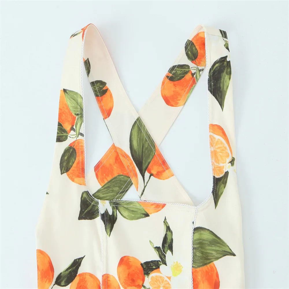 White Sleeveless Cross Back Dress With Orange Fruit Print