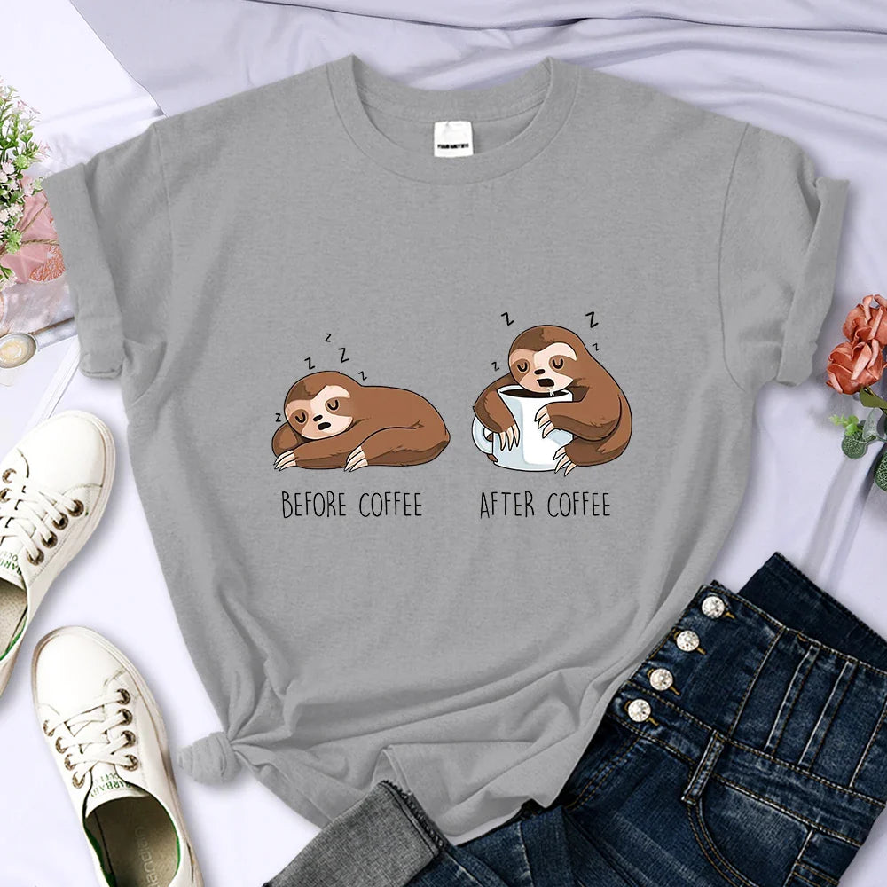 Before Coffee After Coffee Kawaii Sloth T Shirt for Women Casual Fashion Short Sleeve Breathable Tee