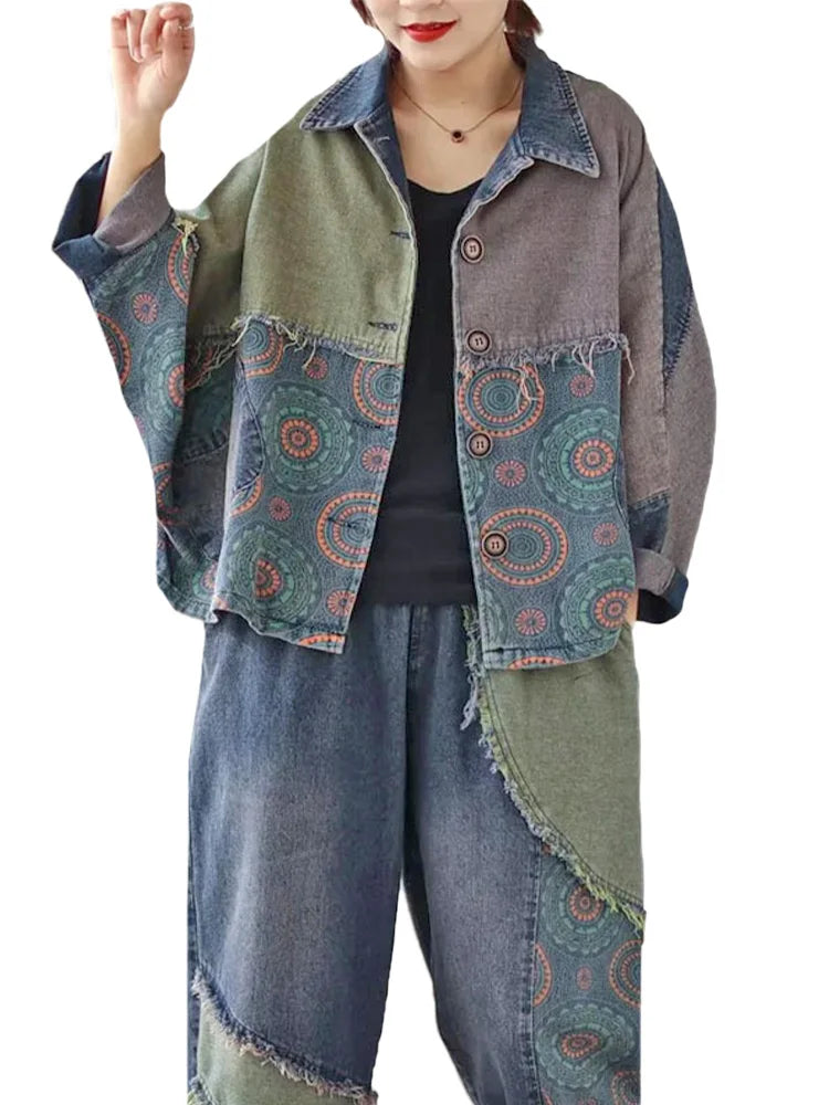 Womens Vintage Denim Two Piece Set with Printed Jacket and Casual Jeans