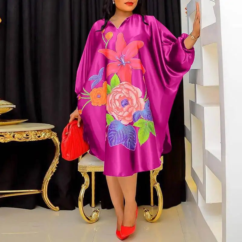 Bohemian Floral Midi Dress With Bat Sleeve Casual Loose Fit