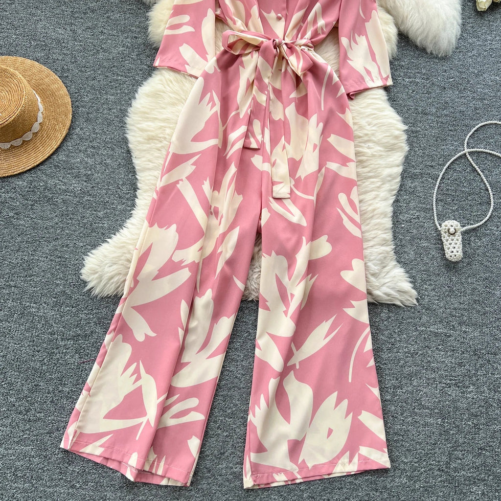 Women's Summer V-Neck Short Sleeve Lace-Up Waist Slim Fit Wide-Leg Printed Jumpsuit with Loose Straight Leg Design