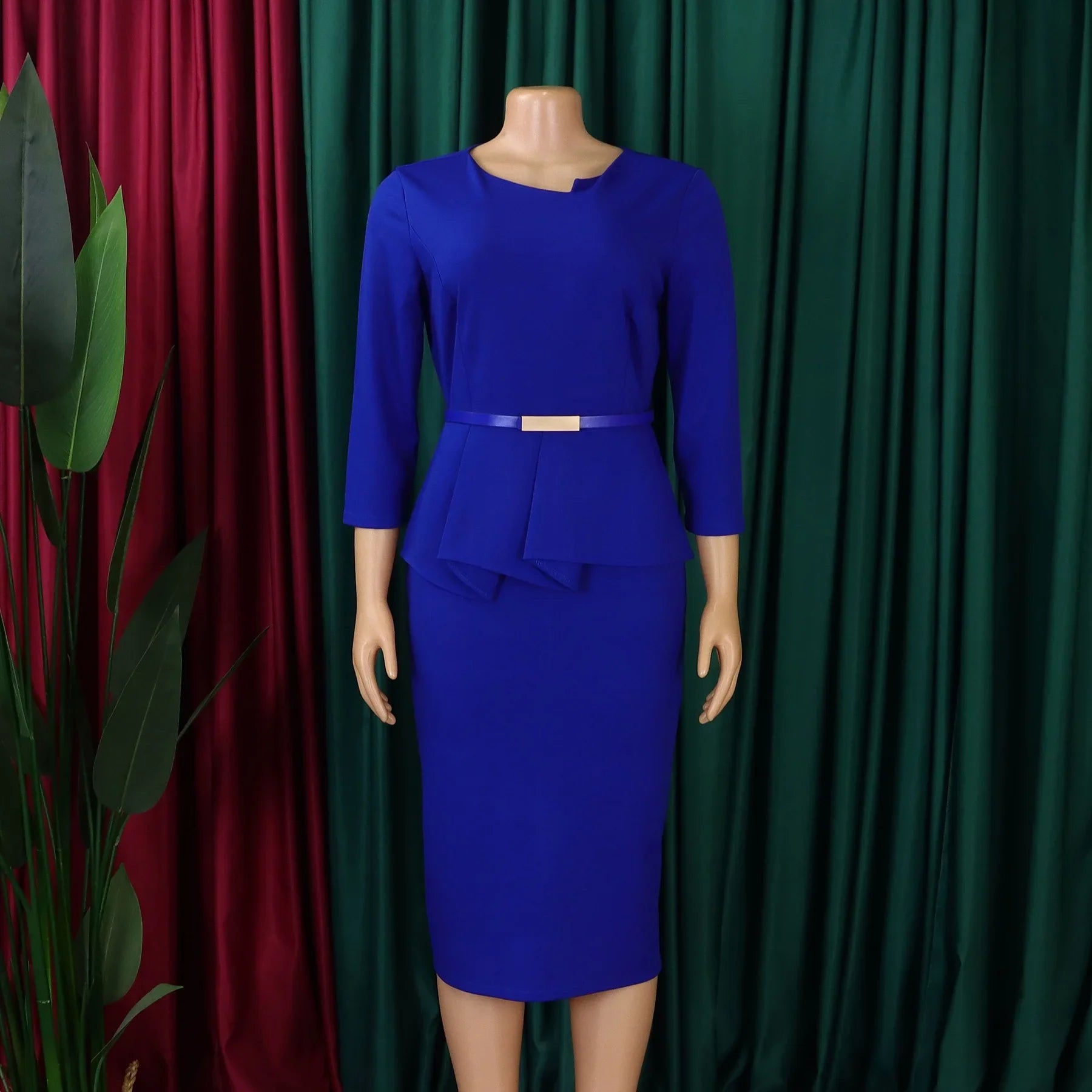 Women's Office Dress Sheath Belted Mid Calf Formal Wear