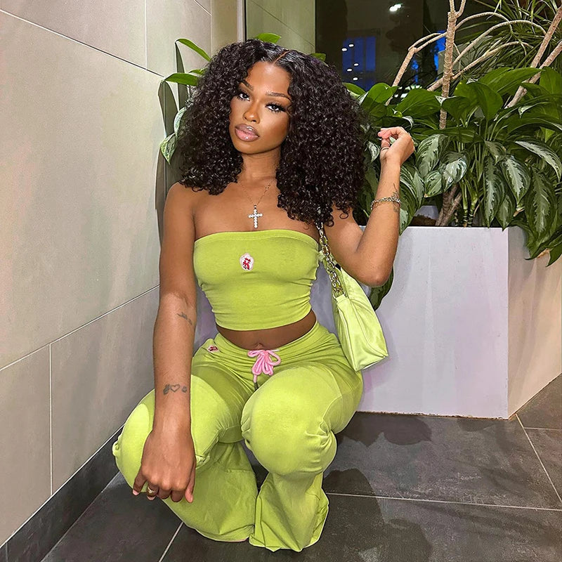 Embroidered Flower Tube Top and High Waist Casual Drawstring Pant Two-Piece Set