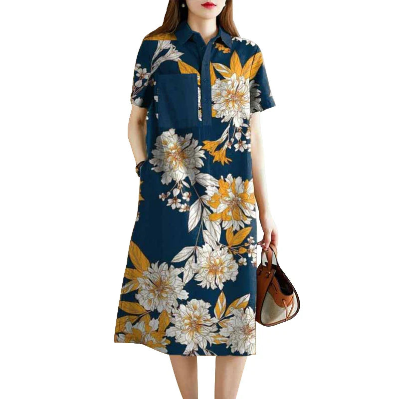 Bohemian Floral Shirt Dress For Women Vintage Short Sleeve