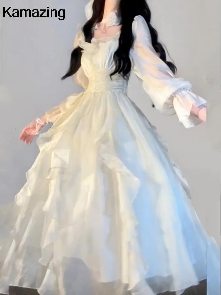 Korean Fashion Ruffles Midi Dress A Line Waist Party Dress